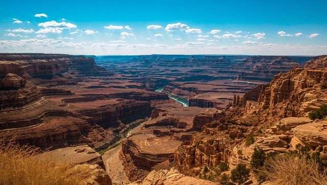 Winding river carving layered sandstone canyon from high rocky overlook under blue sky