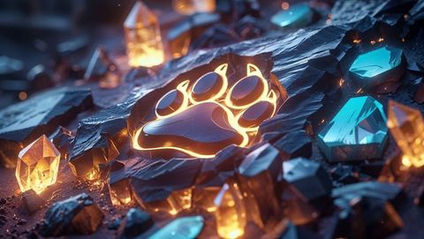Glowing paw print with crystals in mystical underground cavern