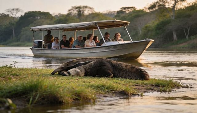 Giant anteater resting on riverbank while safari boat tour observing wildlife at sunset