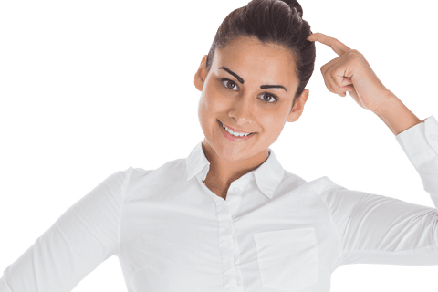 Smiling Caucasian Businesswoman Pointing Head Transparent Background