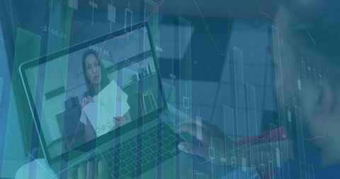 Typing on Laptop During Remote Financial Presentation with Charts and Data Overlays