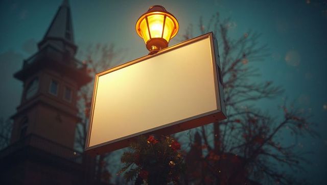 Blank signboard hanging from lanterned lamppost in festive city square