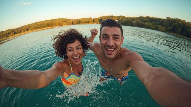 Sunlit lake selfie: smiling couple jumping into teal water, action camera adventure