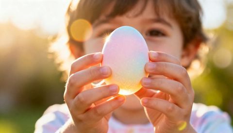 Child holding pastel easter egg at golden hour with sun flare backlit glow