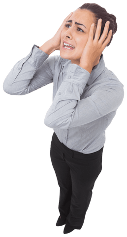 Stressed Hispanic Businesswoman with Hands on Head Transparent