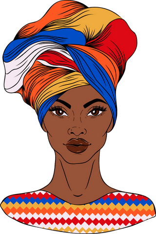 Vibrant flat design portrait of woman with ethnic head wrap