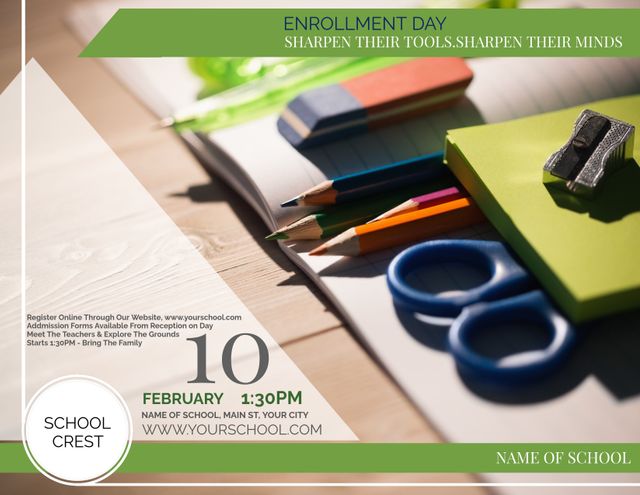 School Enrollment Day Flyer with Pencils and Art Supplies on Desk - Download Free Stock Templates Pikwizard.com