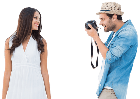 Man Photographing Smiling Girlfriend in Transparent Background