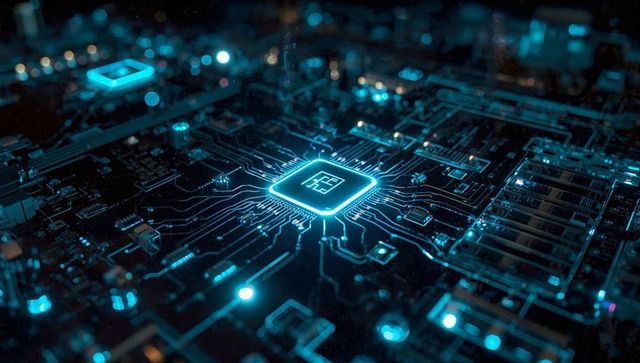 Futuristic glowing microchip on circuit board