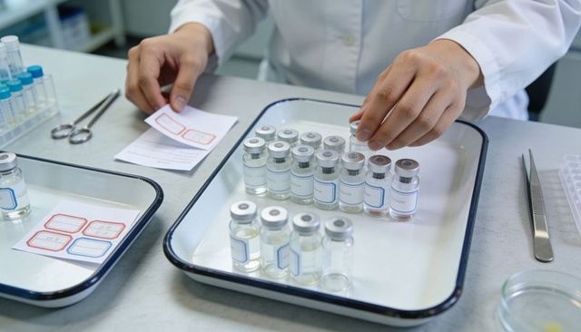 Laboratory technician arranging labeled vials on enamel tray in sterile clinical environment