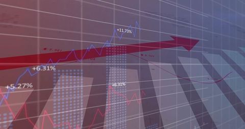 Displaying financial growth dashboard with bold upward arrow, line charts, dotted bar analytics