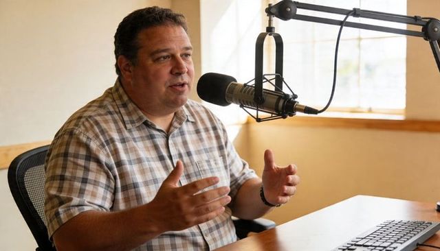 Hispanic podcaster speaking and gesturing while recording with broadcast microphone