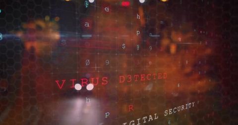 Digital security alert, virus detected overlaying night urban scene