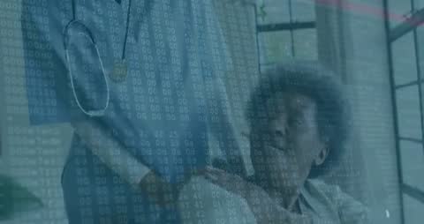 Overlay of Binary Code on People Collaborating in Modern Office Setting