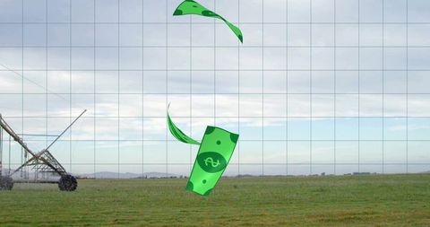 Floating cartoon dollar bill above center-pivot irrigation on farmland with grid overlay