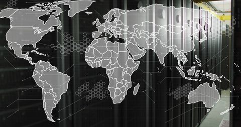 World Map Overlaying Modern Server Room with Network Connections - Download Free Stock Images Pikwizard.com
