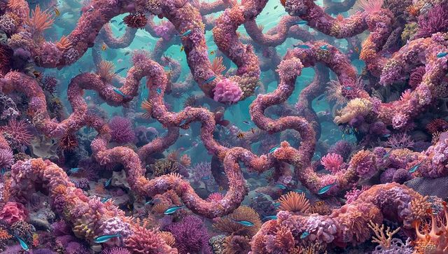 Sinuous coral tubes twisting over vibrant shallow reef with colorful tropical fish