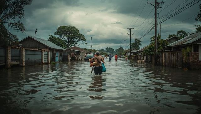 Woman Navigating Flooded Street Amidst Urban Disaster