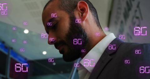 Biracial Businessman Embracing 6G Technology with Smartphone at Airport