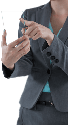 Transparent businesswoman using invisible smartphone screen