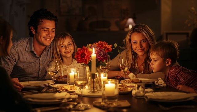Family enjoying cozy candlelit dinner at home with floral centerpiece and warm smiles