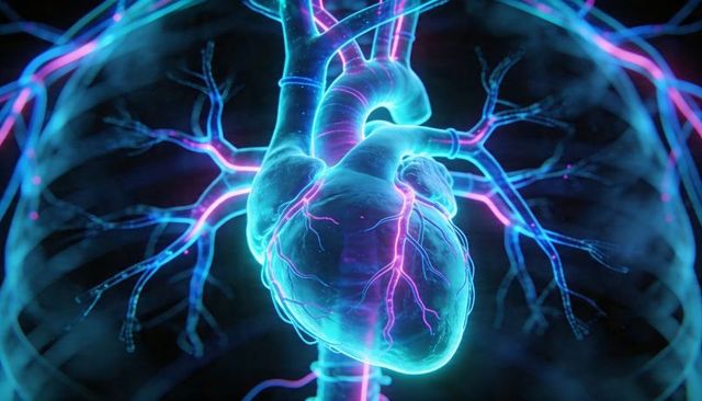 Neon glowing 3D heart with highlighted coronary vessels and aortic outflow anatomy