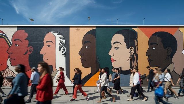 Diverse crowd walking by colorful mural in urban cityscape