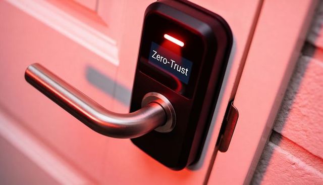 Smart door lock displaying zero-trust message with red led and stainless-steel door lever