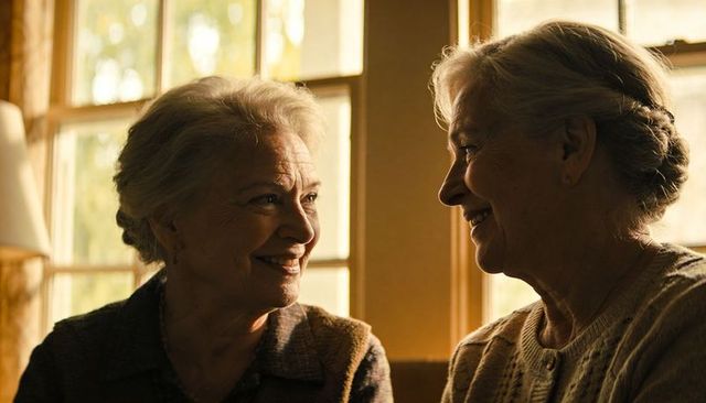 Senior women sharing warm conversation by sunlit window, cozy knit sweaters, intimate bond