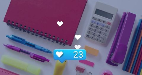 Colorful Workspace with Office Supplies and Social Media Interactions