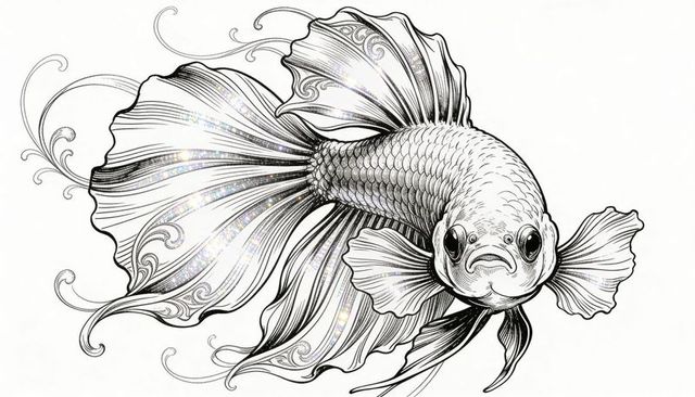 Ornate betta fish gliding with flowing fins and intricate scales pen-and-ink lineart