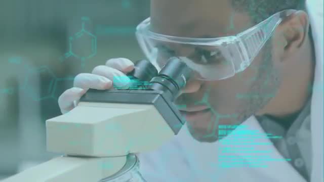 Scientist examining specimen through microscope in laboratory environment with digital data overlay. Useful for illustrating themes in scientific research, medical advancements, technological innovation, and data-driven analysis. Ideal for promoting tech-forward laboratory settings, educational materials, and pharmaceutical studies visuals.