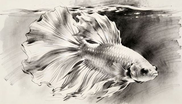 Gliding ornate betta fish swimming near surface with flowing fins ink-wash pencil sketch