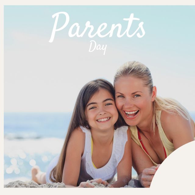 The image shows a caucasian mother and daughter enjoying time together at the beach, both smiling warmly at the camera. It celebrates the joy and bonding of a family on Parents Day. This photo is perfect for social media posts, holiday greeting cards, family blogs, and websites focusing on family activities, parenting, and summer vacations.