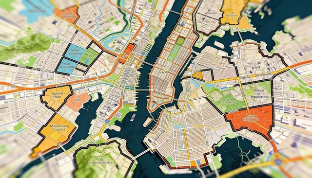Stylized tilt-shift urban harbor map featuring colored districts, bridges, piers, roads