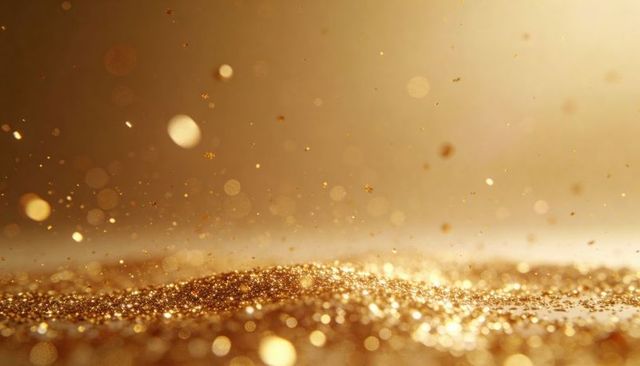 Shimmering gold glitter mound with bokeh highlights and sparkling metallic texture