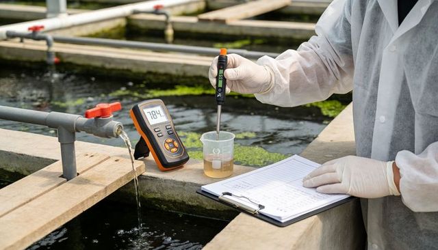 Technician testing water quality at aquaculture hatchery with ph probe and digital meter