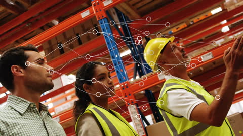 Diverse Warehouse Team with Digital Network Overlay
