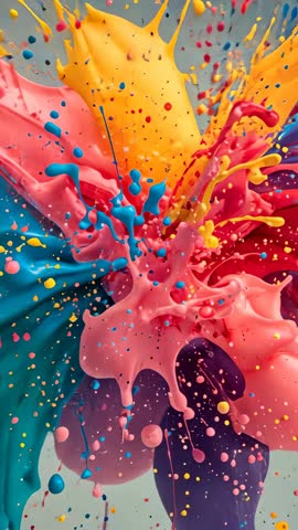 Colliding multicolor paint splashes bursting into vibrant droplets | Vertical studio motion