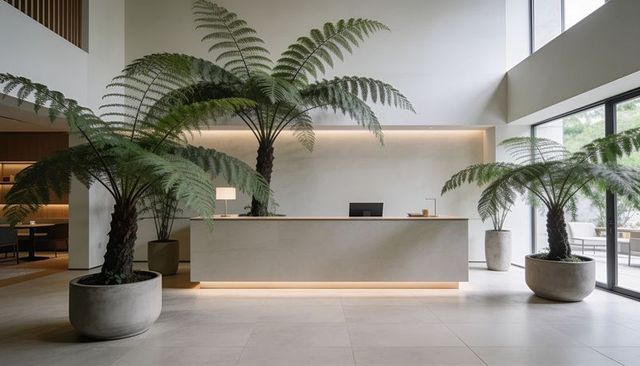 Minimalist stone reception desk anchoring biophilic lobby with towering tree ferns