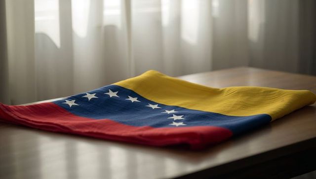 Folded venezuelan flag draped on wooden table with soft window light and white stars