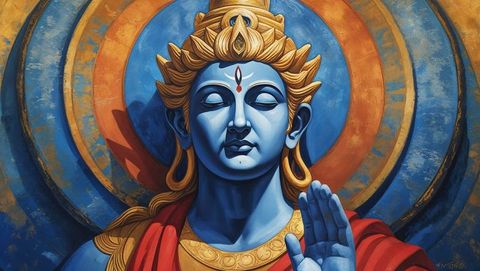 Blue-skinned god giving blessing at shrine with lotus crown