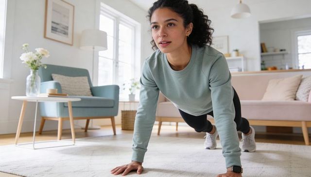 Young woman performing high plank workout in cozy modern living room with smartwatch