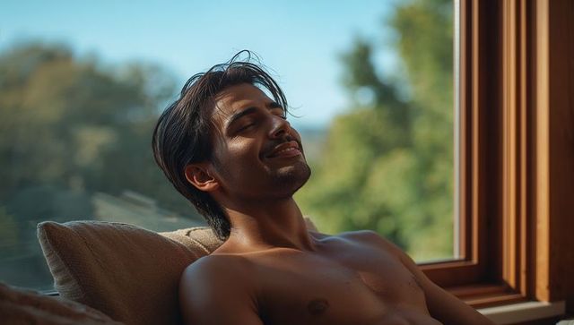 Shirtless man relaxing in sunlit window nook with wooden frame and lush green view