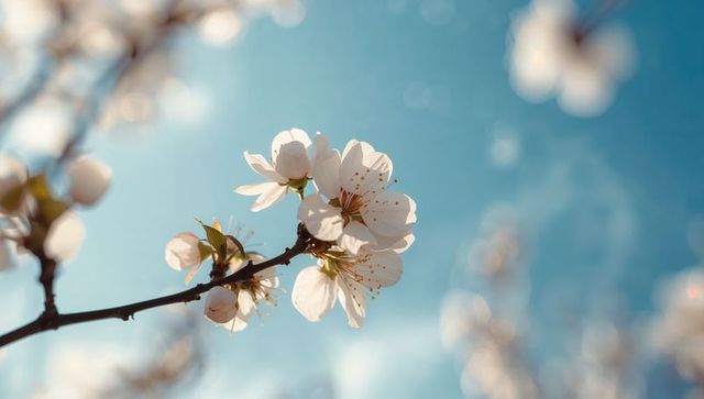 Backlit spring blossoms blooming on slender branch against bright blue sky