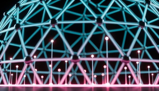 Neon geodesic lattice radiating cyan and magenta light over reflective surface