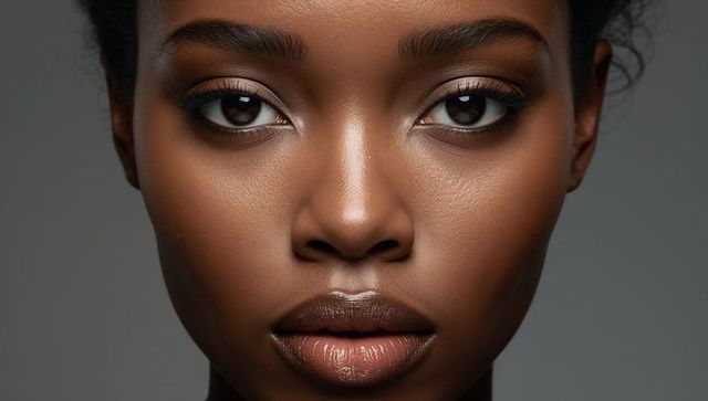 Studio close-up beauty portrait female model glossy lips defined brows neutral gray