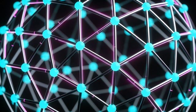 Futuristic glowing geodesic sphere with cyan nodes, neon purple lattice and metallic rods