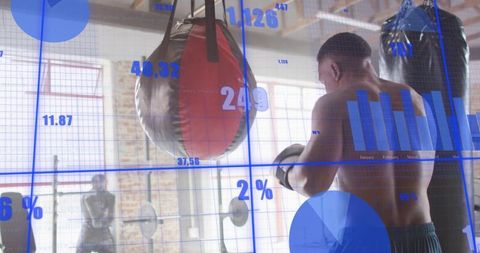 Urban boxer training on heavy bag with fitness analytics overlay and data visualization