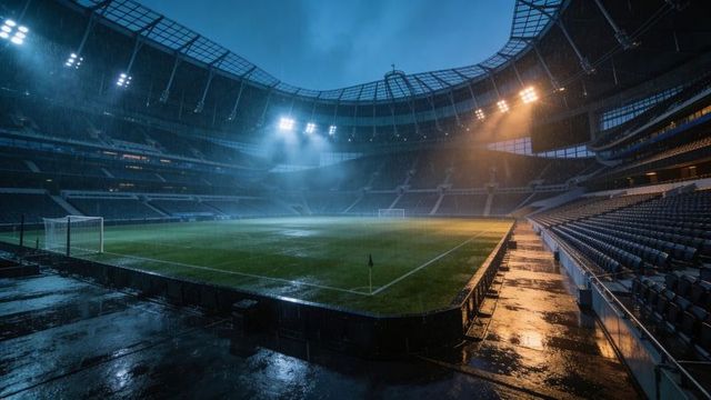 Empty rain soaked soccer stadium under floodlights at night with wet reflective pitch